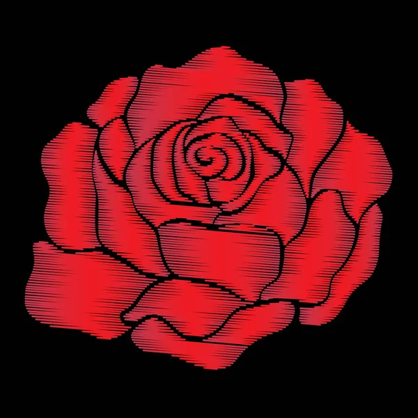 Výšivka červené růže na černém pozadí. Čar vektor illus — Stockový vektor