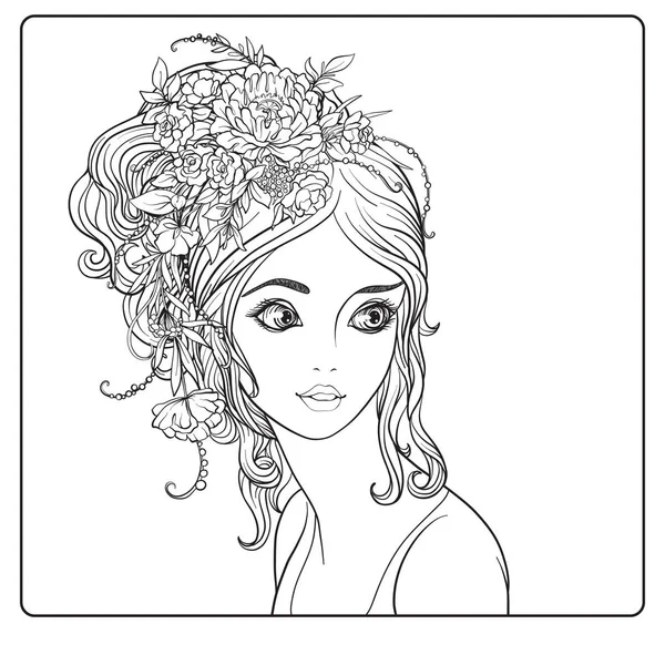 สาวสวยที่มีดอกไม้บนหัวของเธอ . — ภาพเวกเตอร์สต็อก