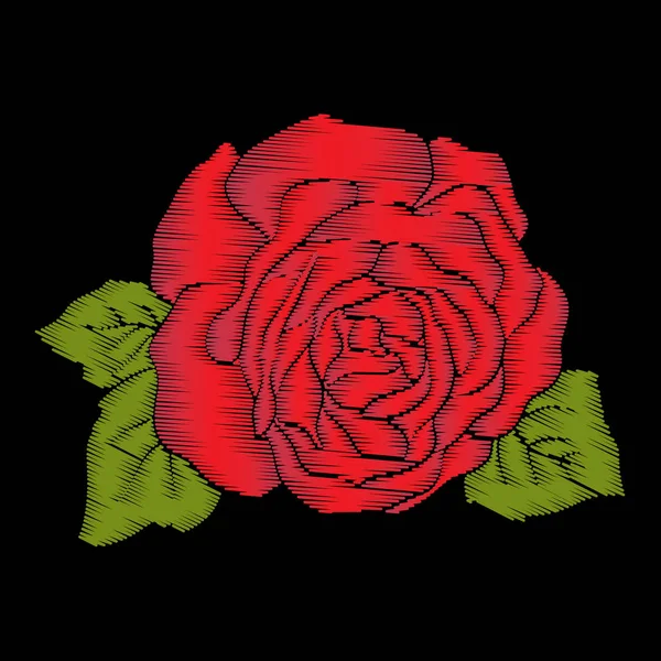 Stickerei rote Rose mit grünen Blättern auf schwarzem Hintergrund. Aktien — Stockvektor