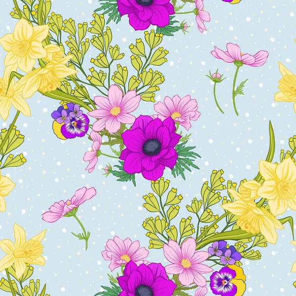 Naadloze patroon met poppy bloemen, narcissen, anemonen, violet — Stockvector