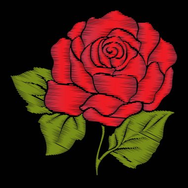 Nakış kırmızı yeşil yaprakları ile siyah arka plan üzerine yükseldi. Hisse senedi