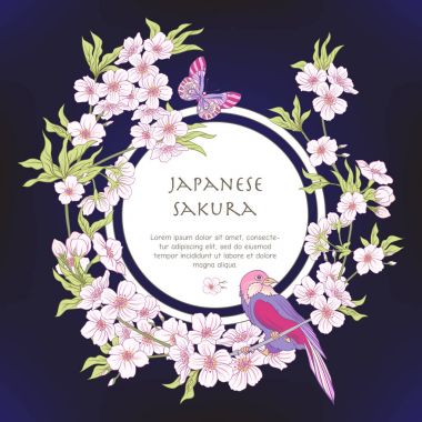 Japon çiçeği pembe sakura ve p kuşlarla çizimler