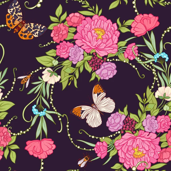 Цветочный бесшовный рисунок с бабочками — стоковый вектор