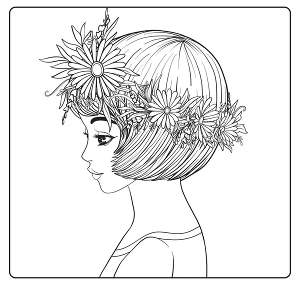 A young beautiful girl with a wreath of flowers on her head. — Stock Vector