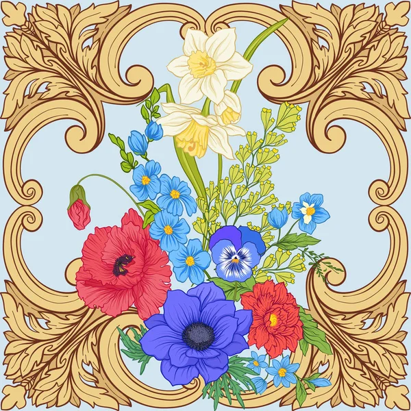 Haşhaş çiçekleri, nergis, anemon, violet ile Seamless Modeli