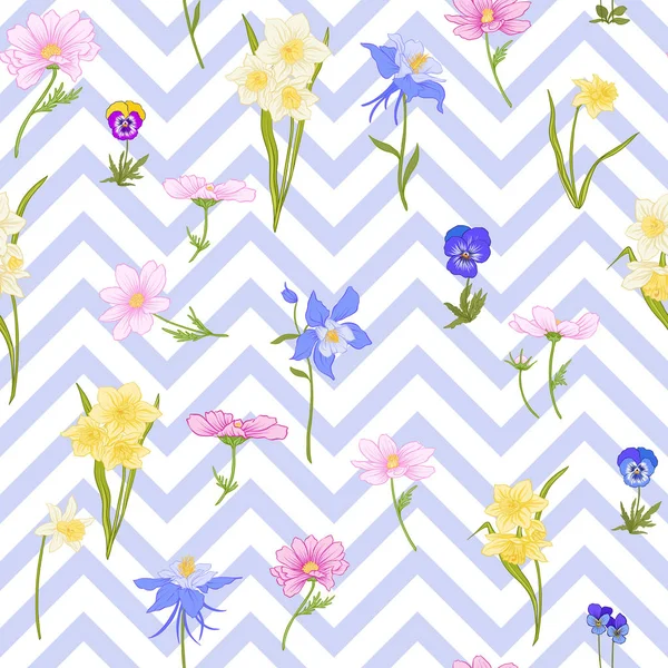 Seamless pattern with daffodils, anemones, violets in botanical — Stock Vector