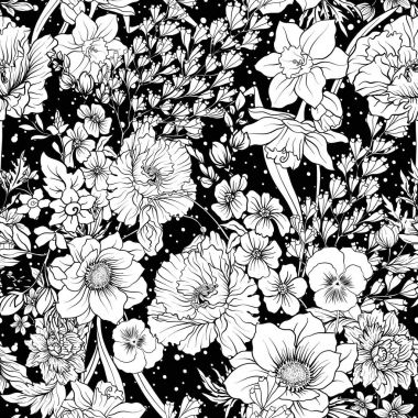 Haşhaş çiçekleri Nergis, anemon çiçeği, violet ile Seamless Modeli