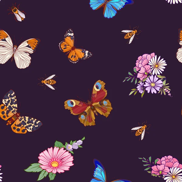 Motif floral sans couture avec des papillons — Image vectorielle