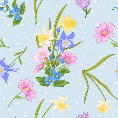 Haşhaş çiçekleri, nergis, anemon, violet ile Seamless Modeli