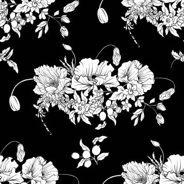 Haşhaş çiçekleri Nergis, anemon çiçeği, violet ile Seamless Modeli