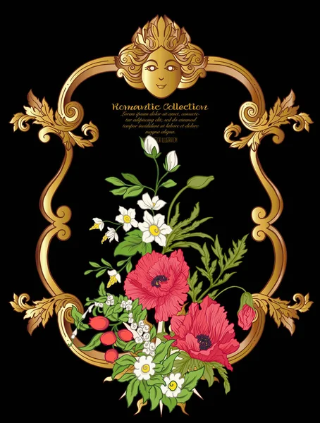 Flores de verano: amapola, narciso, anémona, violeta, en botánico s — Vector de stock