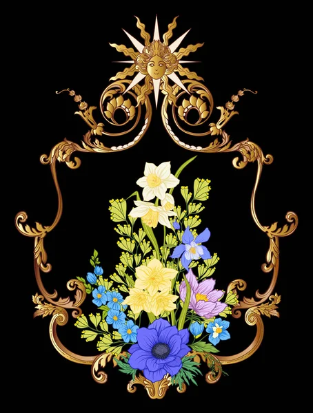 Flores de verano: amapola, narciso, anémona, violeta, en botánico s — Archivo Imágenes Vectoriales