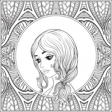 Güzel bir genç kız. Portre bir desen bir arka plan üzerinde.