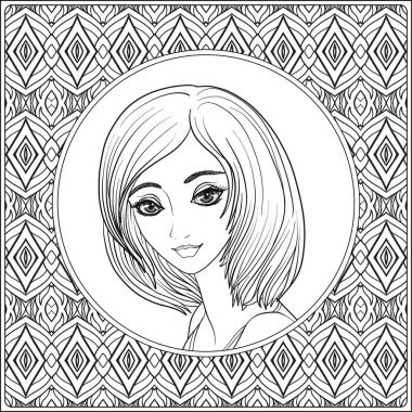Güzel bir genç kız. Portre bir desen bir arka plan üzerinde.