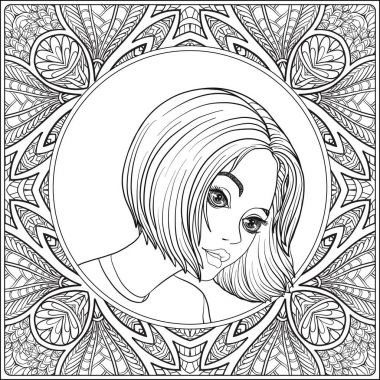 Güzel bir genç kız. Portre bir desen bir arka plan üzerinde.