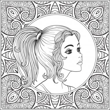 Güzel bir genç kız. Portre bir desen bir arka plan üzerinde.