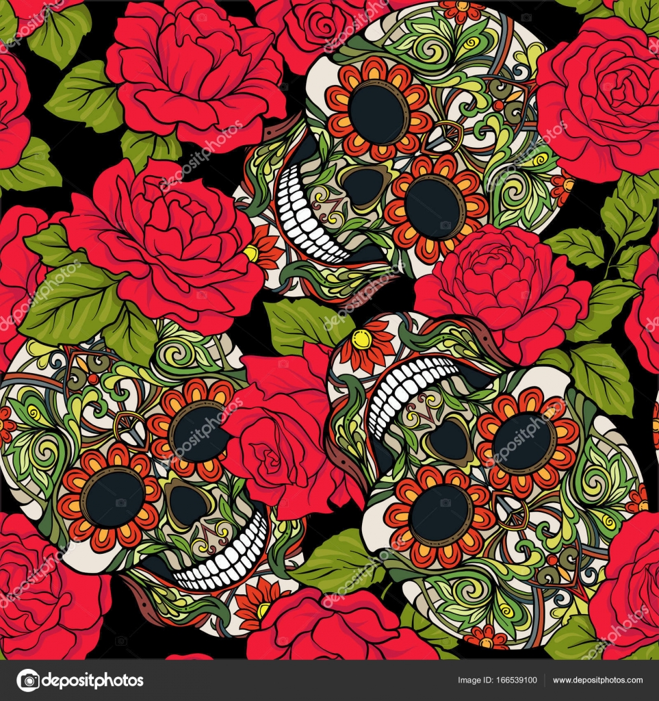 Seamless Pattern Background With Sugar Skull And Red Roses