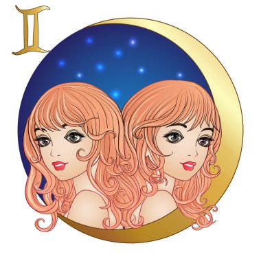 Gemini. A young beautiful girl In the form of one of the signs o clipart