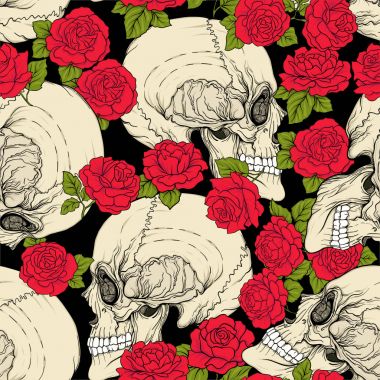 Dikişsiz desen, kafatası ve kırmızı güller ile arka plan.