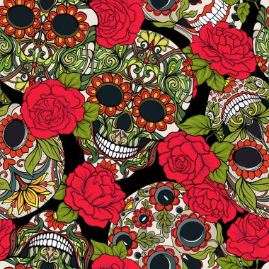 Dikişsiz desen, şeker kafatası ve kırmızı güller ile arka plan.
