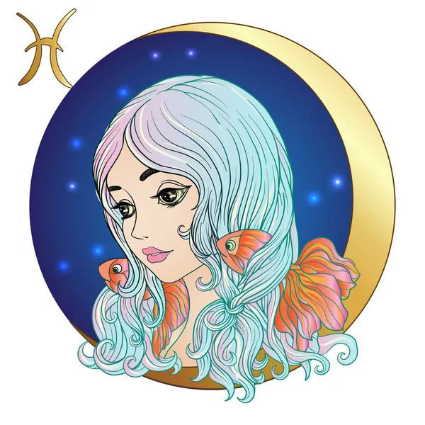 Pisces. A young beautiful girl In the form of one of the signs o — Stock Vector