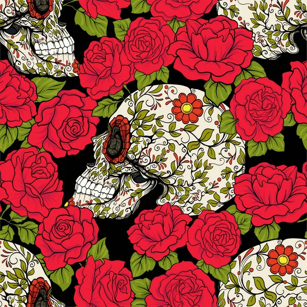 Dikişsiz desen, şeker kafatası ve kırmızı güller ile arka plan.