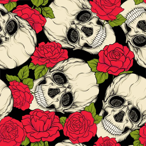 Безшовний візерунок, фон з черепом і червоними трояндами . — стоковий вектор