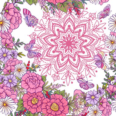 Kelebekler ile çiçek seamless modeli