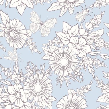 Kelebekler ile çiçek seamless modeli