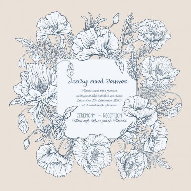 Vintage kart stili poppies bej renkli arka plan üzerinde ile.