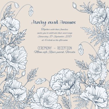 Vintage kart stili poppies bej renkli arka plan üzerinde ile.