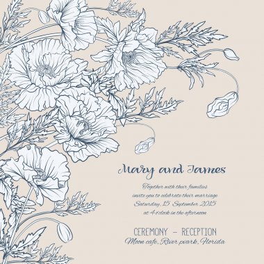 Vintage kart stili poppies bej renkli arka plan üzerinde ile.