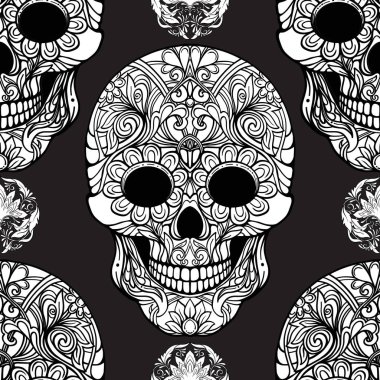 Dikişsiz desen, şeker kafatası ve çiçek pıtırtı arka plan