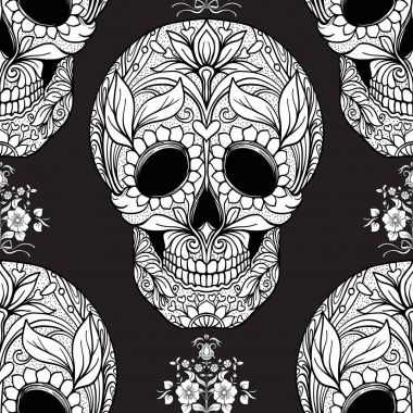 Dikişsiz desen, şeker kafatası ve çiçek pıtırtı arka plan