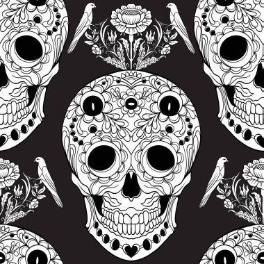 Dikişsiz desen, şeker kafatası ve çiçek pıtırtı arka plan