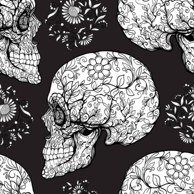 Dikişsiz desen, şeker kafatası ve çiçek pıtırtı arka plan