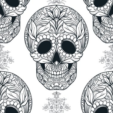 Dikişsiz desen, şeker kafatası ve çiçek pıtırtı arka plan