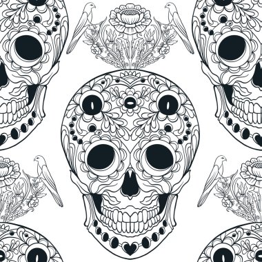 Dikişsiz desen, şeker kafatası ve çiçek pıtırtı arka plan