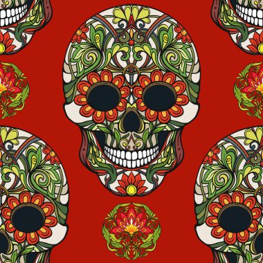 Dikişsiz desen, şeker kafatası ve çiçek pıtırtı arka plan