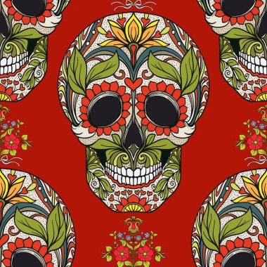 Dikişsiz desen, şeker kafatası ve çiçek pıtırtı arka plan