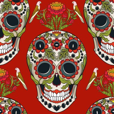 Dikişsiz desen, şeker kafatası ve çiçek pıtırtı arka plan