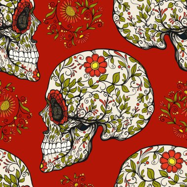 Dikişsiz desen, şeker kafatası ve çiçek pıtırtı arka plan