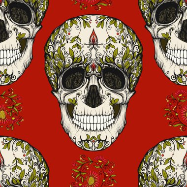 Dikişsiz desen, şeker kafatası ve çiçek pıtırtı arka plan