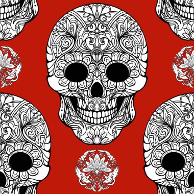 Dikişsiz desen, şeker kafatası ve çiçek pıtırtı arka plan