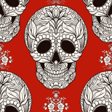 Dikişsiz desen, şeker kafatası ve çiçek pıtırtı arka plan