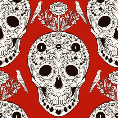 Dikişsiz desen, şeker kafatası ve çiçek pıtırtı arka plan