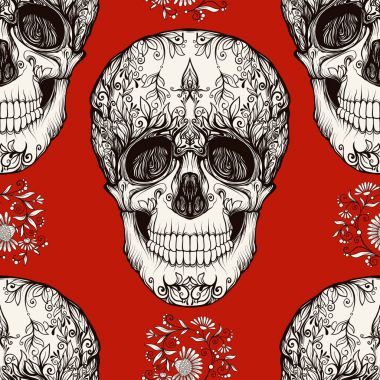 Dikişsiz desen, şeker kafatası ve çiçek pıtırtı arka plan