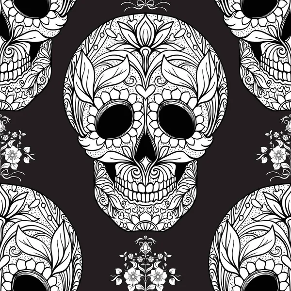 Dikişsiz desen, şeker kafatası ve çiçek pıtırtı arka plan