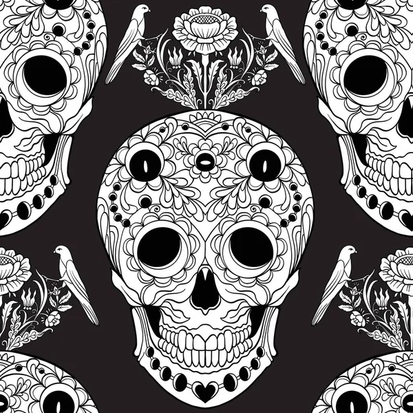 Dikişsiz desen, şeker kafatası ve çiçek pıtırtı arka plan