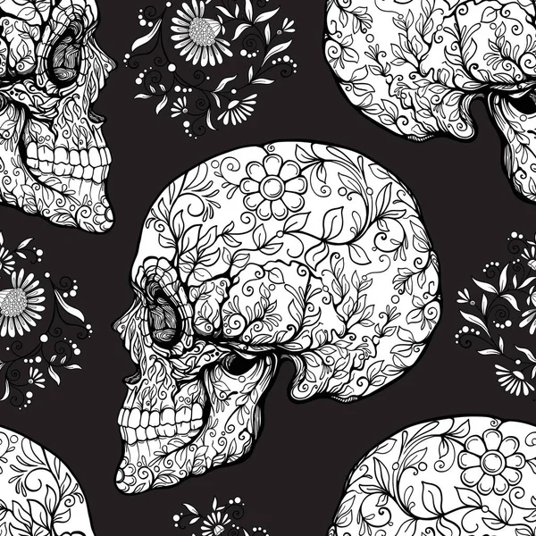 Dikişsiz desen, şeker kafatası ve çiçek pıtırtı arka plan